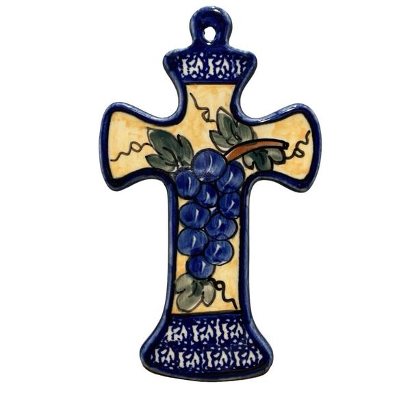 Hand Made Polish Pottery Painted Ceramic Cross Wall Hanging Grapes - Picture 1 of 6